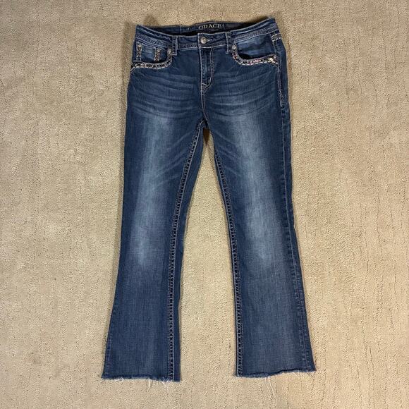 Grace Denim - Y2K Grace Easy Fit Western Boot Cut Jeans Women 30 Bling Button Pockets Faded